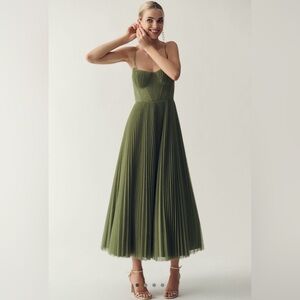 Hutch | Amara Corset Pleated Tulle Fit & Flare Midi Dress — Sage Green
